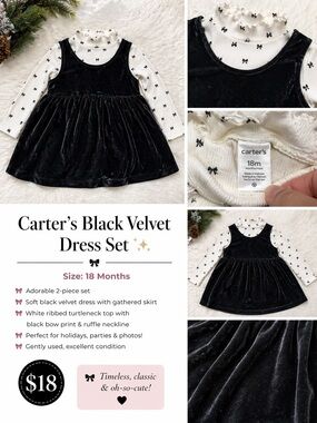 Carter’s Black Velvet Dress Set w/ Bow Turtleneck | 18M Holiday Outfit